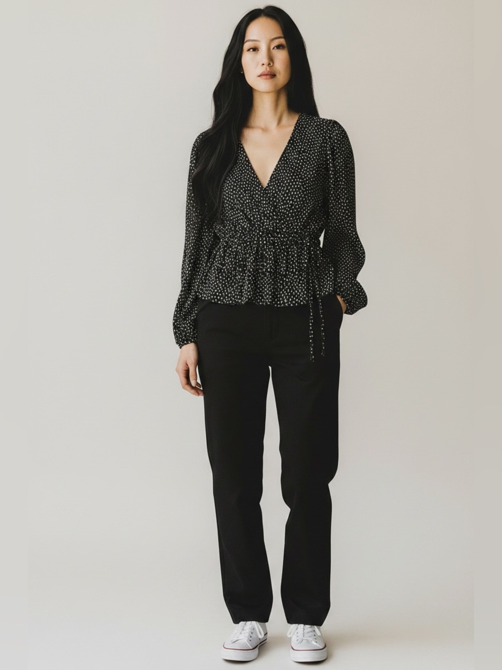Stradivarius Women's Black Polka Dot Wrap Blouse - V-Neck Peplum Top